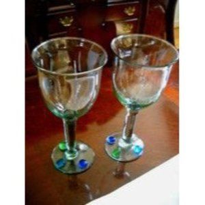 2 Hand Blown Glass Multi Colored Pebble Base Stemmed Wine Goblets Home Bar